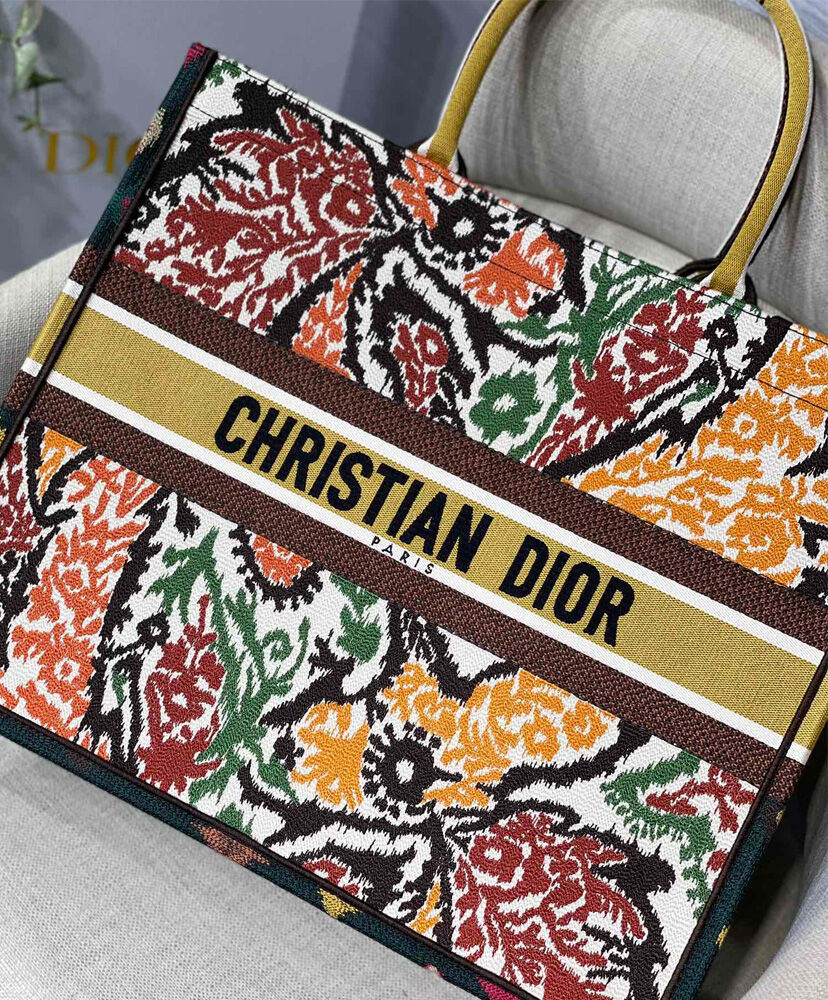 Christian Dior Book Tote Velvet Mizza Embroidery Canvas Yellow